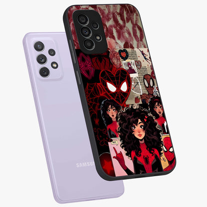 Spider Love Story Glass Case displayed in angled mockup highlighting expressive comic inspired design with playful aesthetic.