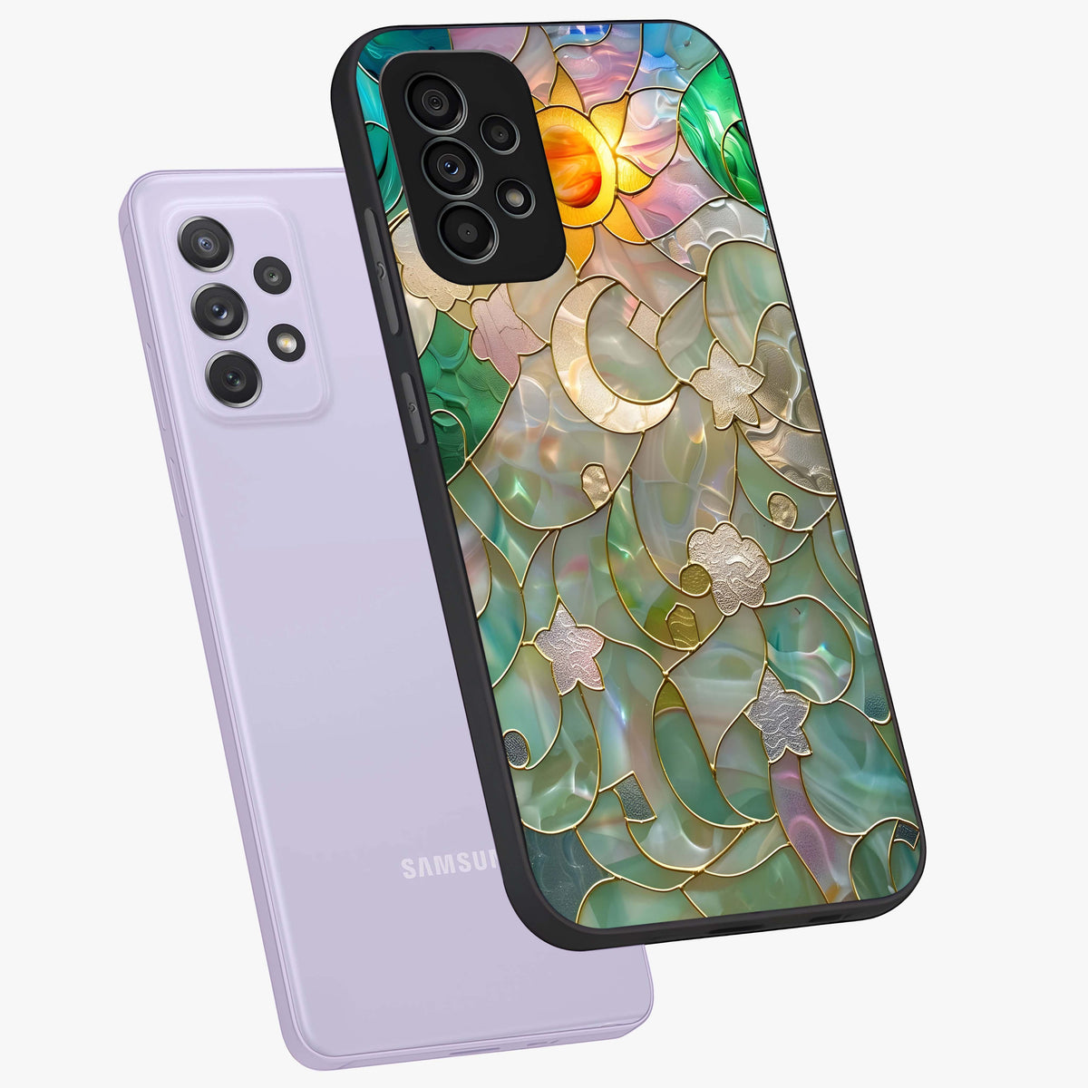 Stained Sunrise Glow Glass Case displayed in angled mockup highlighting radiant sunrise design with artistic aesthetic style.