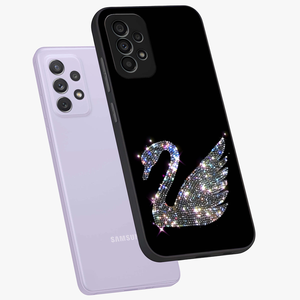 Starlit Swan Grace Glass Case displayed in angled mockup highlighting elegant swan illustration with dreamy celestial aesthetic.