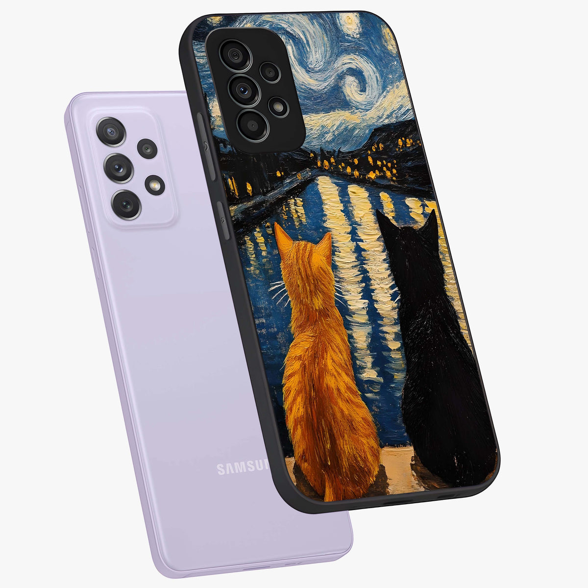Starry River Cats Glass Case displayed in angled mockup highlighting charming feline illustration with dreamy night aesthetic.