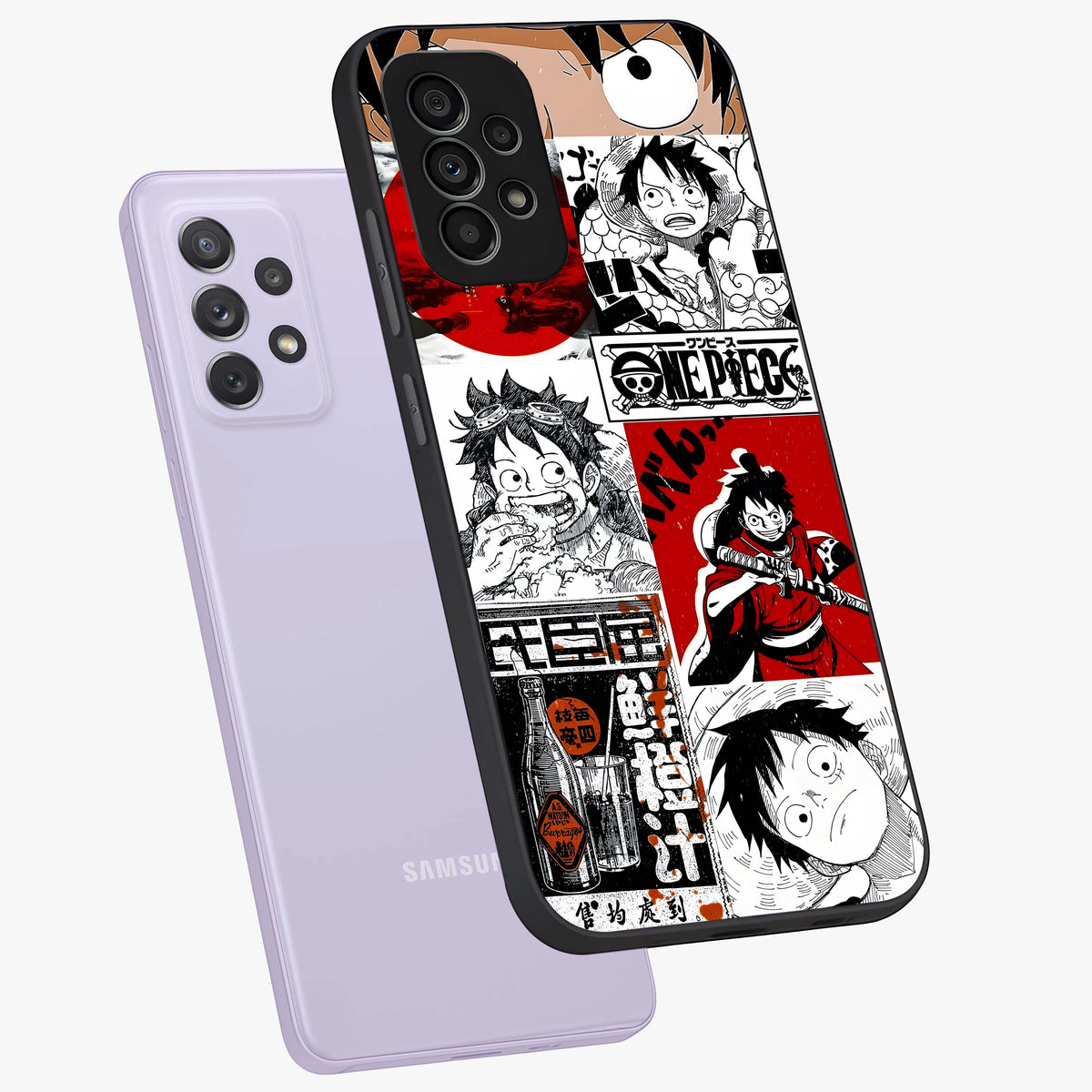 Strawhat Chaos Panels Glass Case displayed in angled mockup highlighting vibrant anime collage design with action aesthetic.