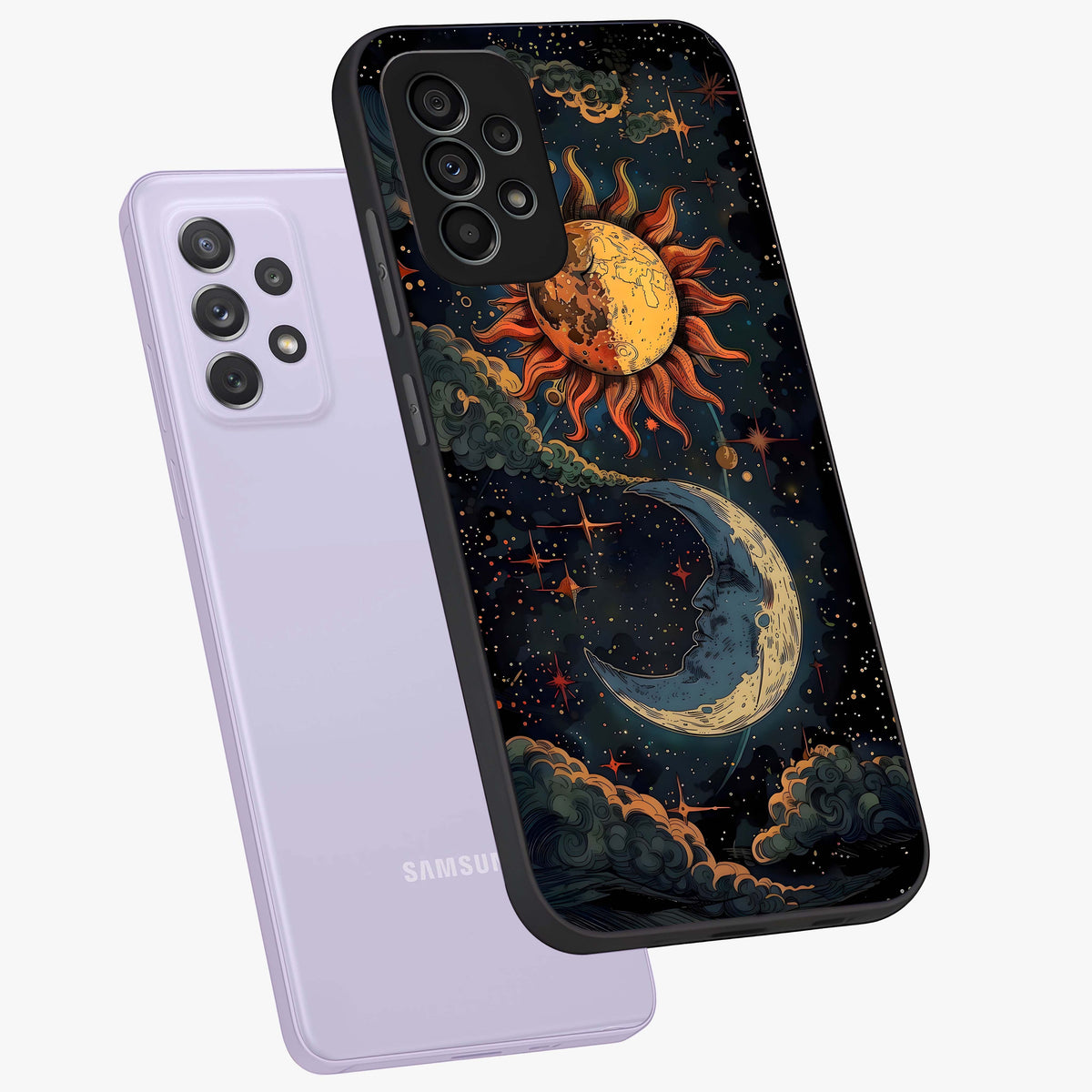 Sun And Moon Magic Design Glass Case displayed in angled mockup highlighting celestial design with magical cosmic aesthetic.