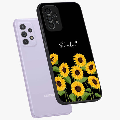 Sunflower Chic Mood Custom Name Glass Case displayed in angled mockup highlighting vibrant sunflower design with custom name feature.
