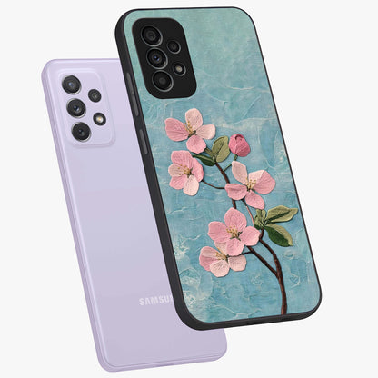 Threaded Blossom Breeze Glass Case displayed in angled mockup highlighting elegant floral design with soft aesthetic style.