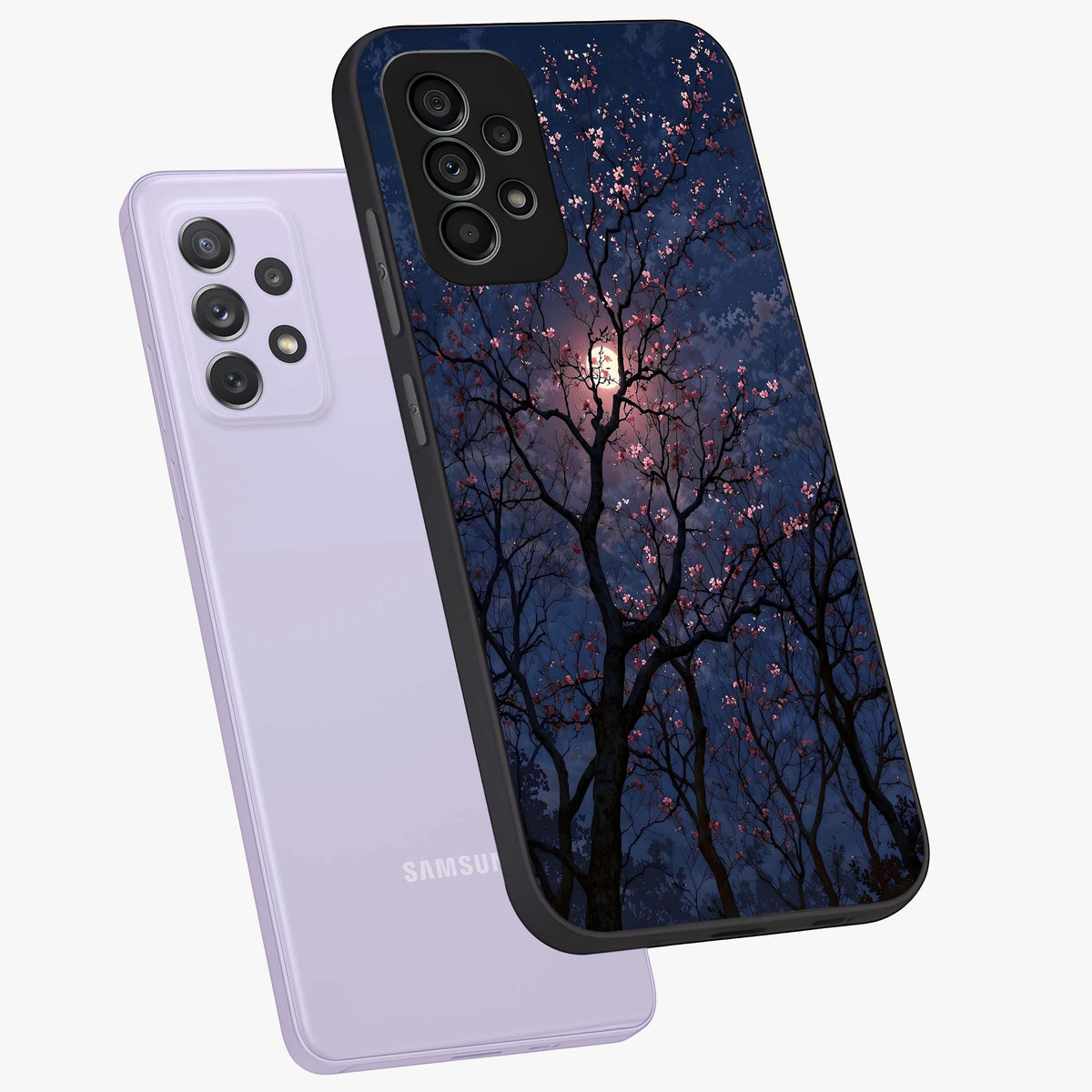 Twilight Sakura Serenade Glass Case displayed in angled mockup highlighting delicate sakura flower design with dreamy aesthetic.
