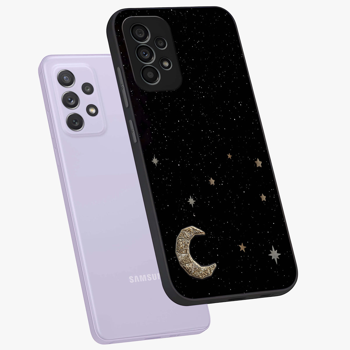 Twinkle Star With Half Moon Glass Case displayed in angled mockup highlighting celestial moon and star design with magical aesthetic.