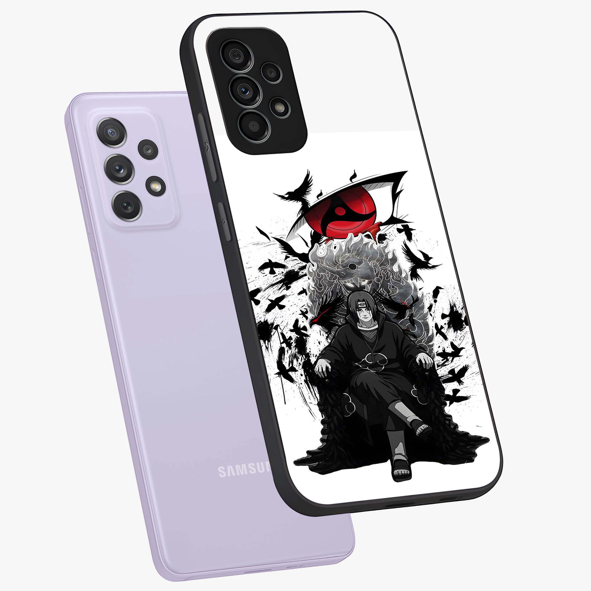 Uchiha Shadow Throne Glass Case displayed in angled mockup highlighting glowing aquatic design with celestial aesthetic.
