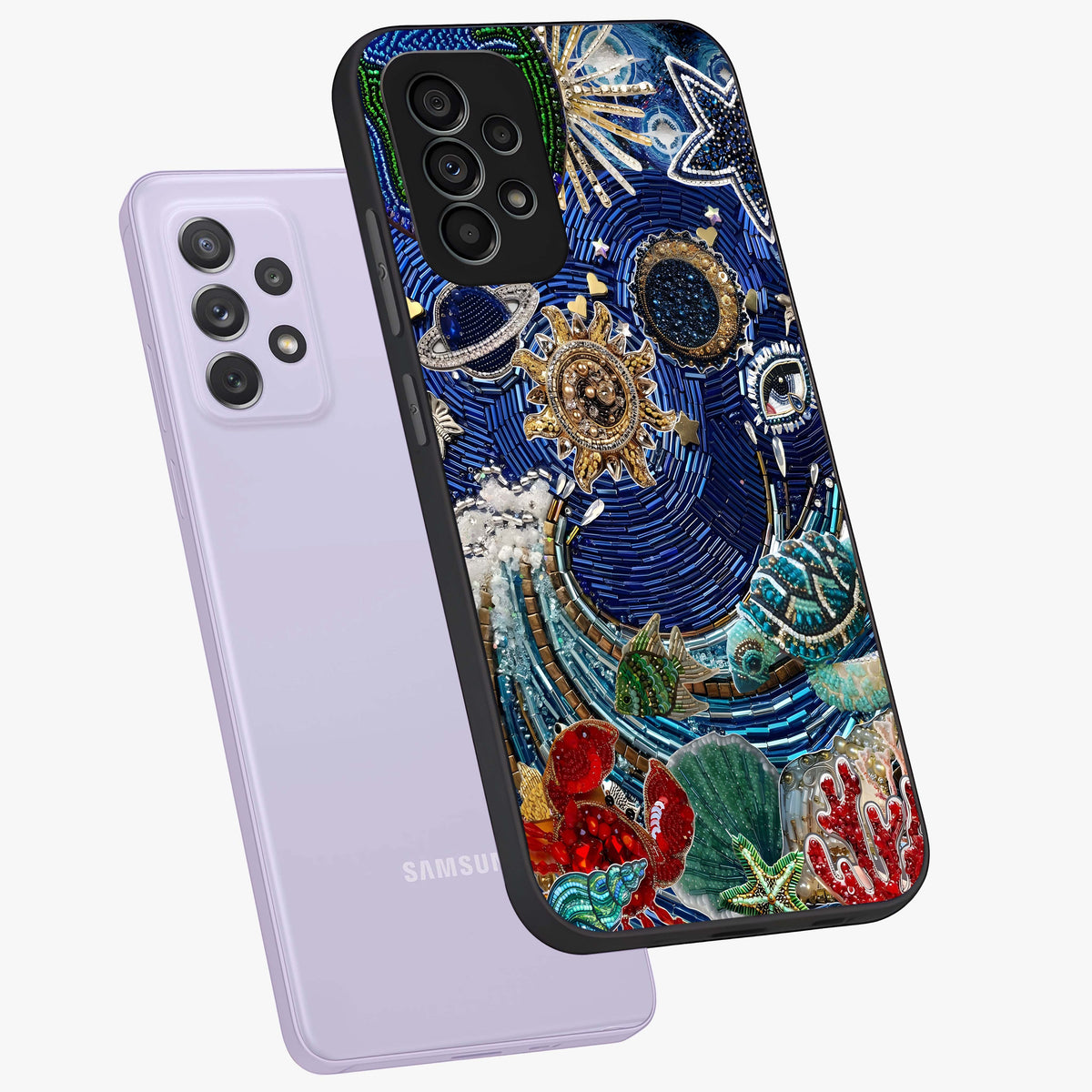 Universe Underwater Spark Glass Case displayed in angled mockup highlighting glowing aquatic design with celestial aesthetic.