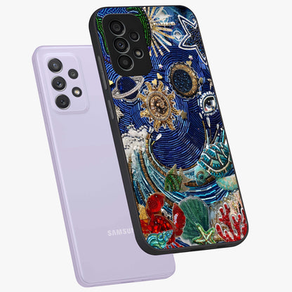 Universe Underwater Spark Glass Case displayed in angled mockup highlighting glowing aquatic design with celestial aesthetic.