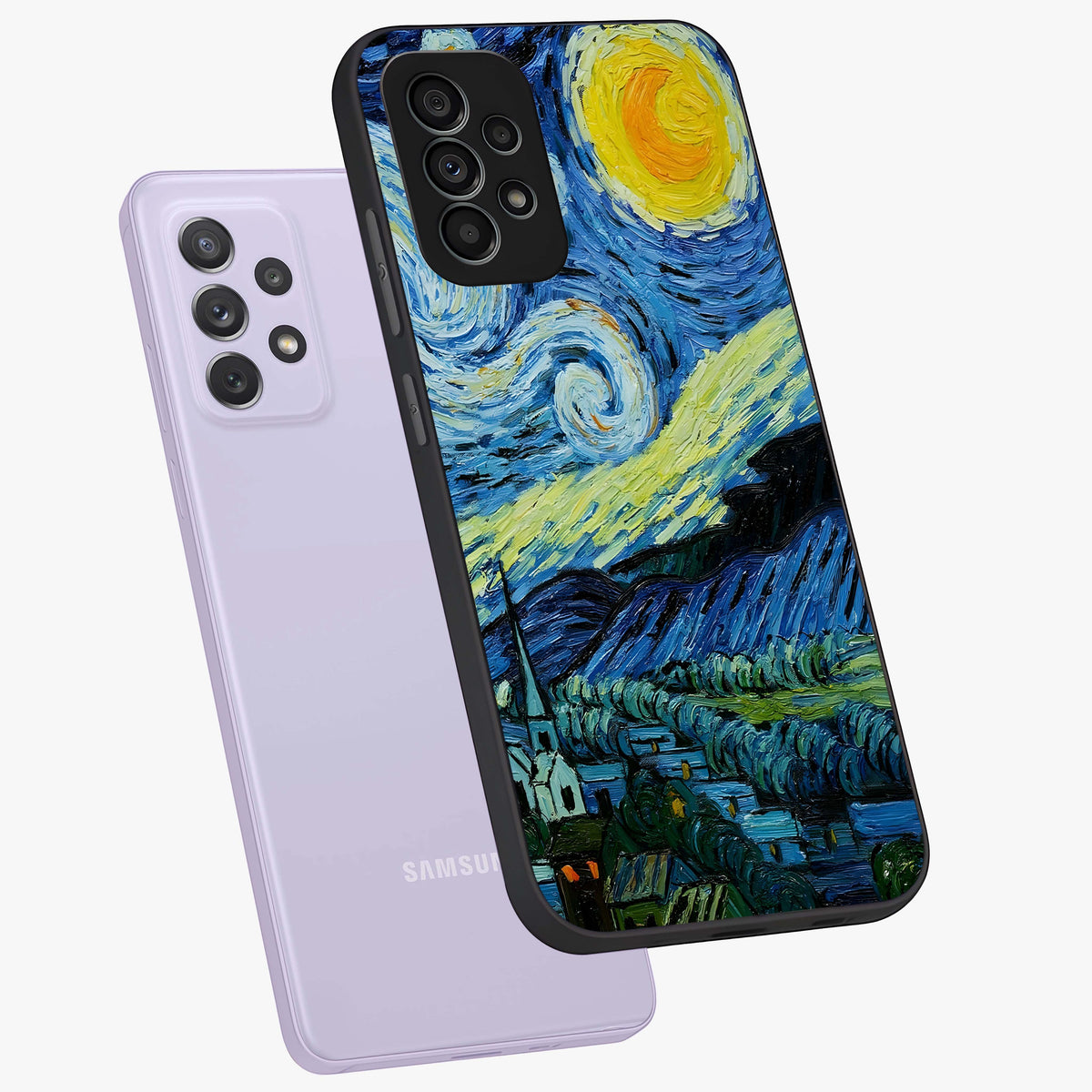 Van Gogh Art Glass Case displayed in angled mockup highlighting swirling brushstroke design with artistic aesthetic.