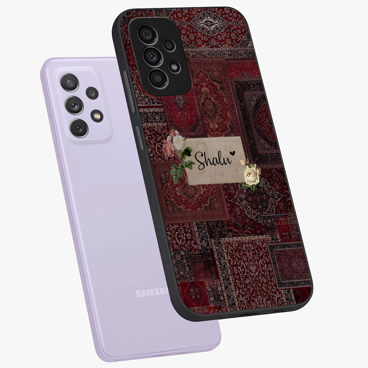 Velvet Wine Pattern Custom Name Glass Case displayed in angled mockup highlighting decorative velvet inspired design with custom name feature.