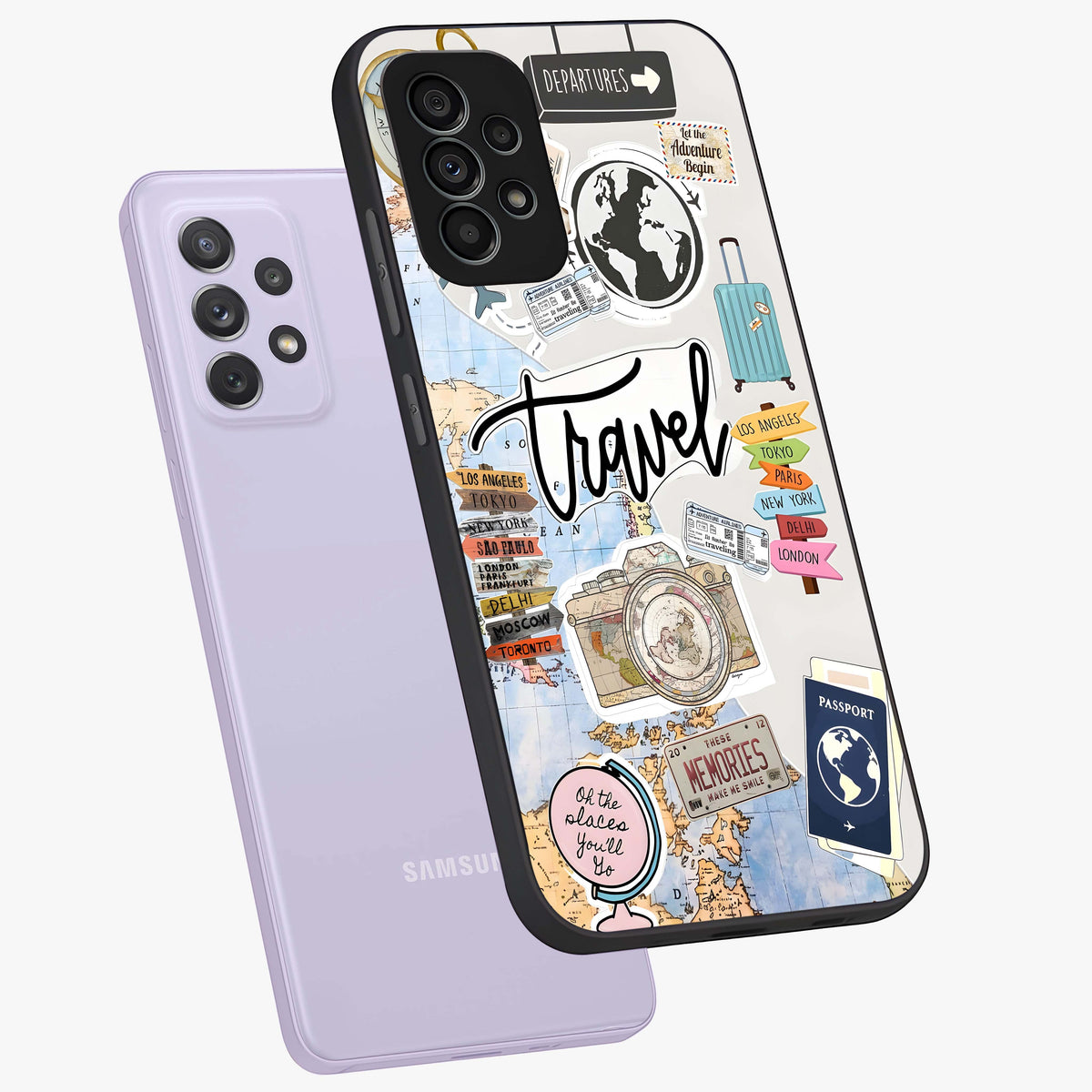 Wanderlust Journal Glass Case displayed in angled mockup highlighting adventure themed design with aesthetic travel vibe.