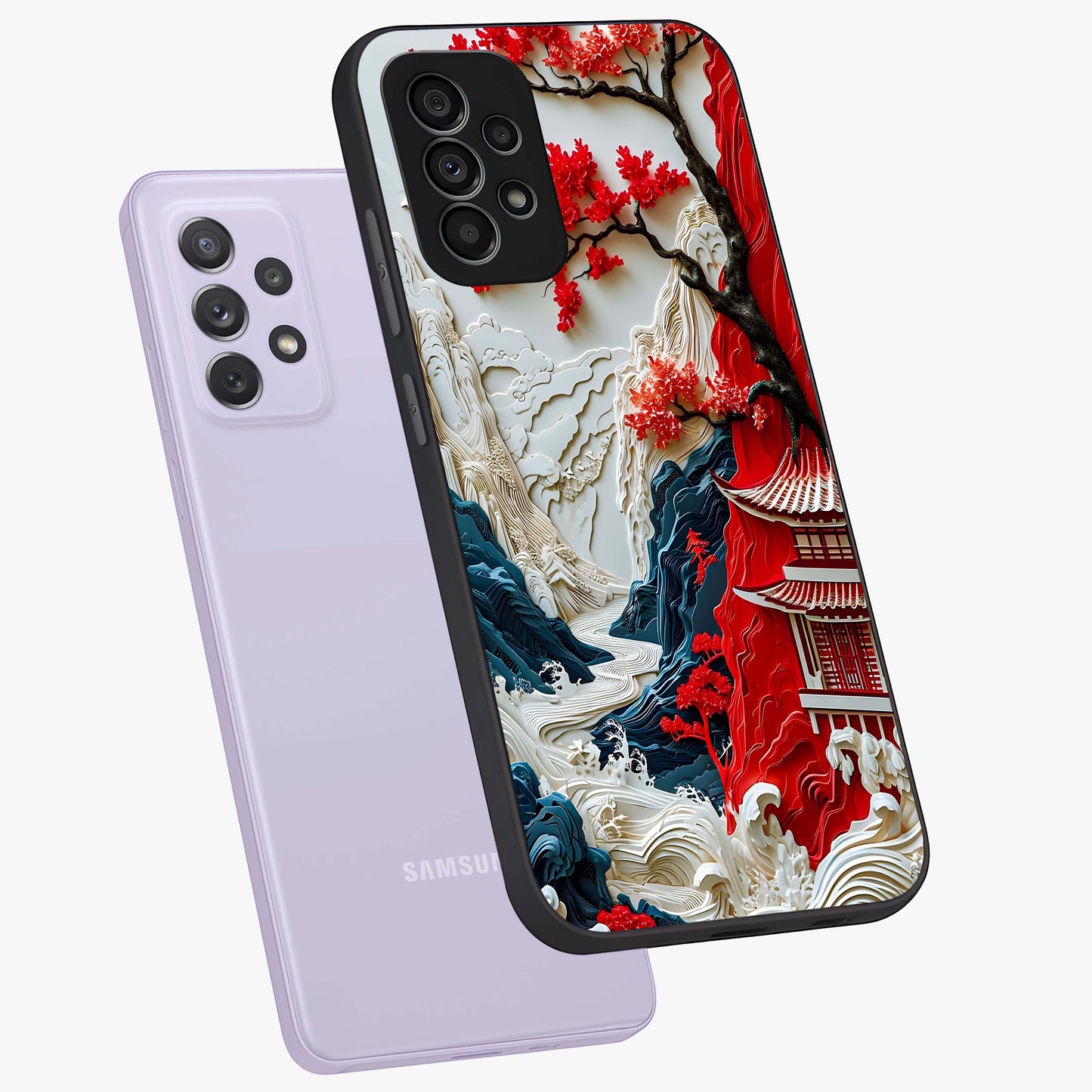 Whispers Of Sakura Waves Glass Case displayed in angled mockup highlighting flowing sakura design with soft floral aesthetic.