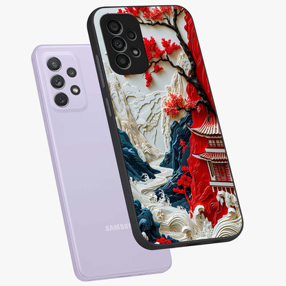 Whispers Of Sakura Waves Glass Case displayed in angled mockup highlighting flowing sakura design with soft floral aesthetic.