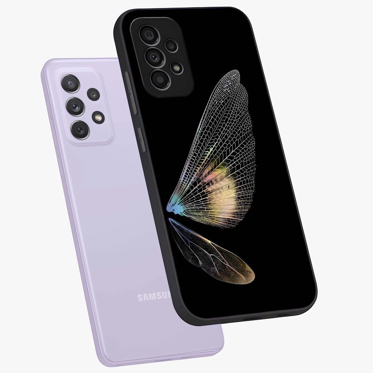 Whispers Of Wings Glass Case displayed in angled mockup highlighting soft feather design with celestial aesthetic style.