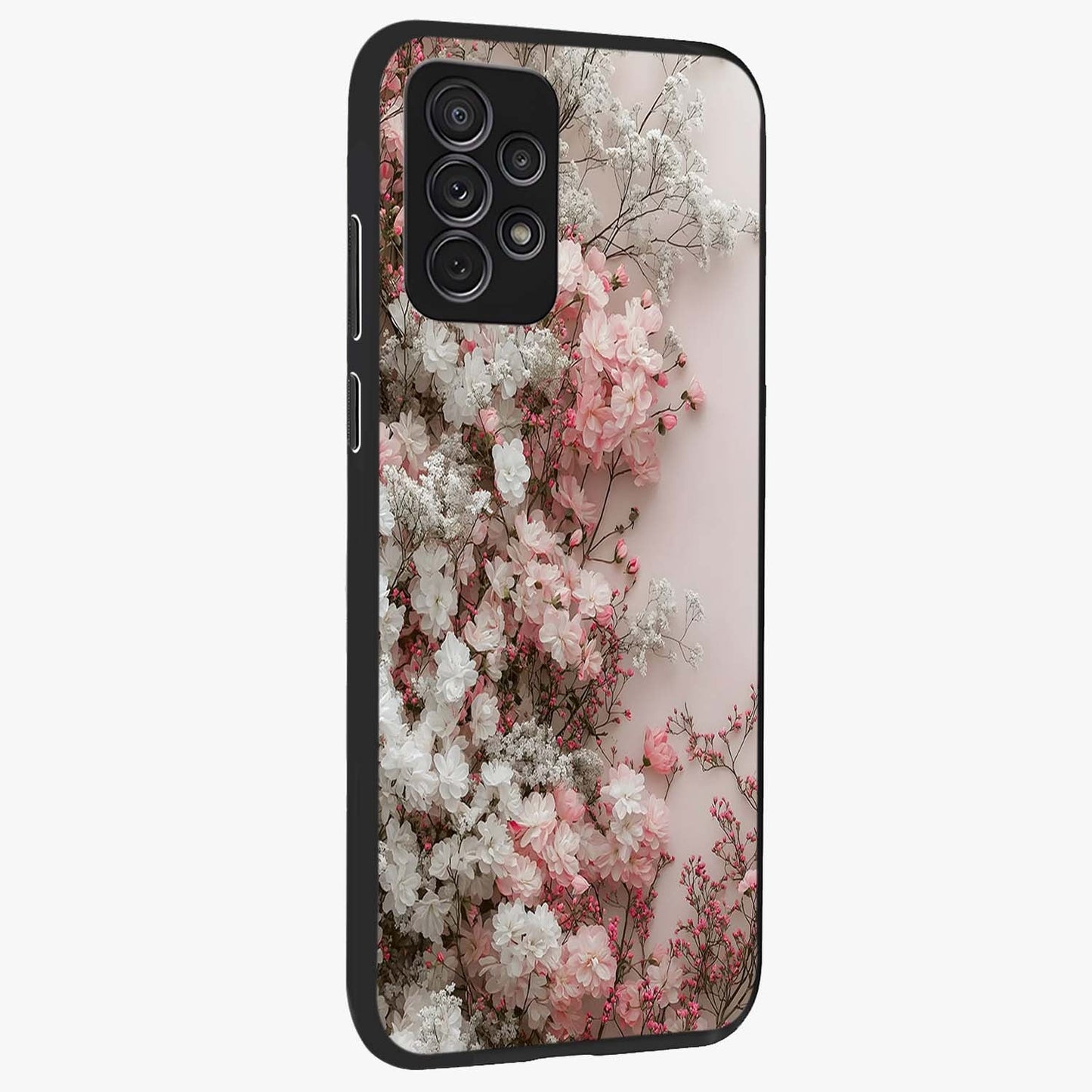 Blush Blossom Cloud Glass Case upright view showcasing calm floral cloud artwork with gentle dreamy theme.