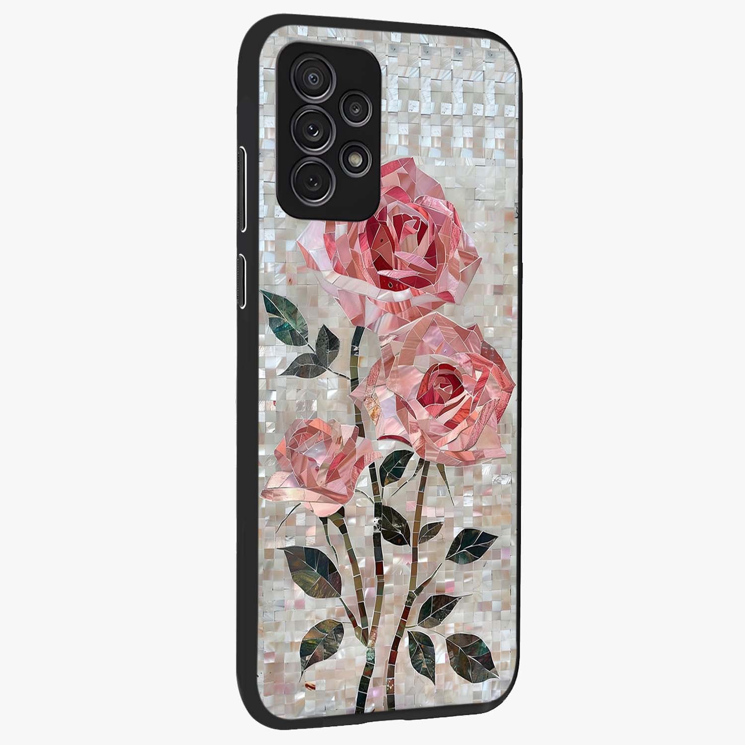 Blush Mosaic Bloom Glass Case upright view showcasing decorative floral mosaic artwork with stylish modern aesthetic.
