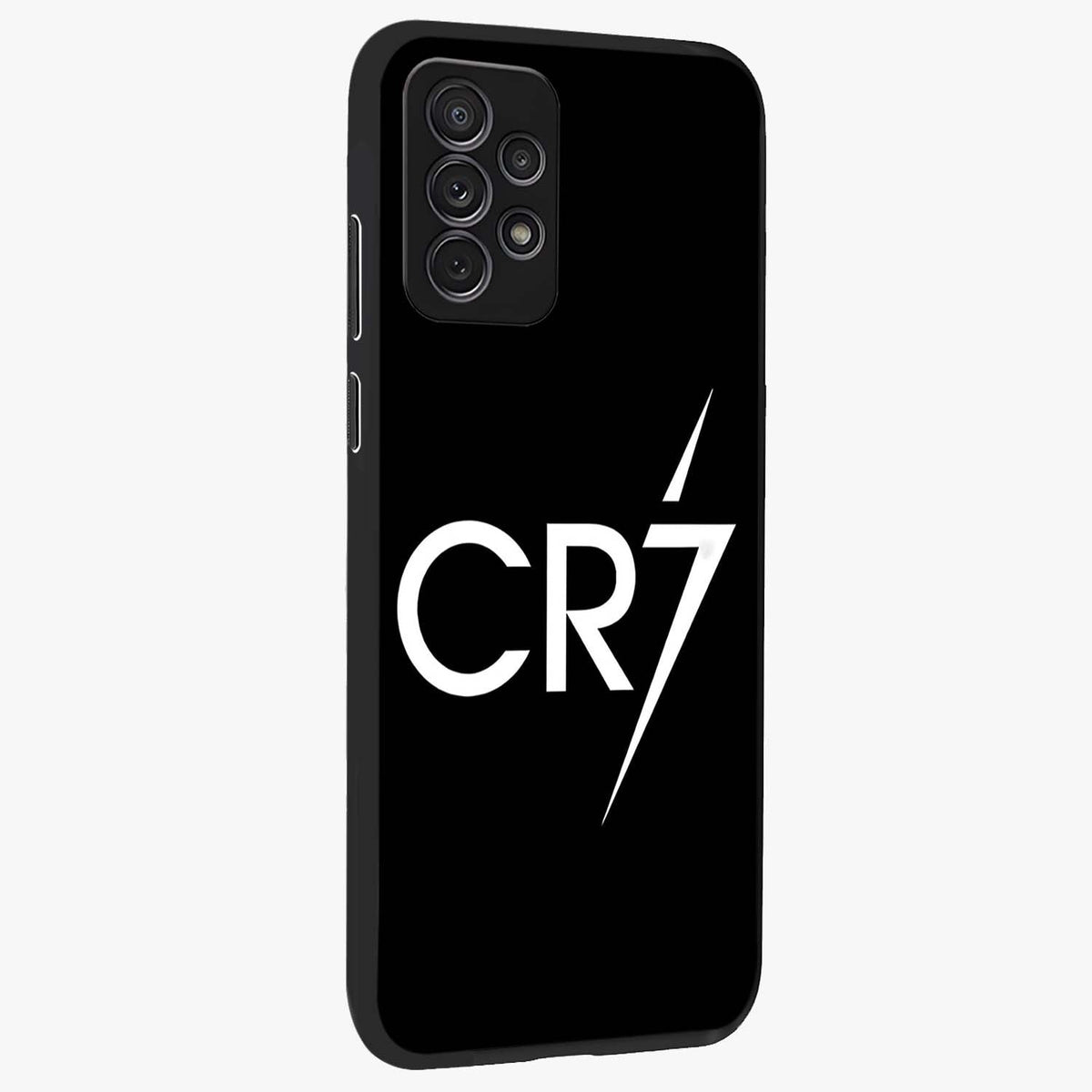 Cr7 Elite Strike Glass Case upright view showcasing energetic football inspired design with modern sports aesthetic.
