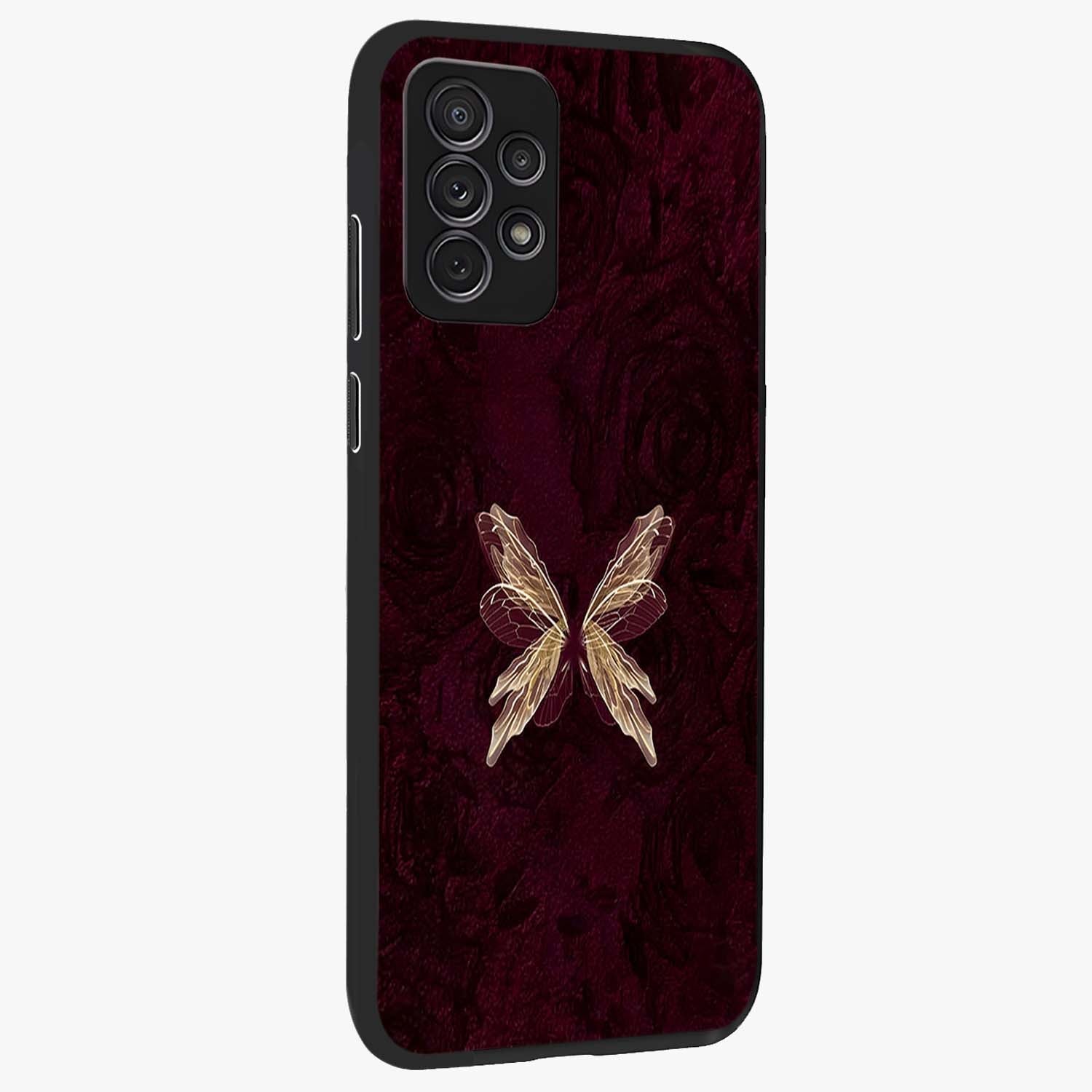 Crimson Fade Butterfly Glass Case upright view showcasing graceful butterfly artwork with soft crimson fade effect.
