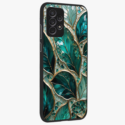 Emerald Leaf Glass Glass Case upright view showcasing fresh green leaf artwork with calming nature inspired style.
