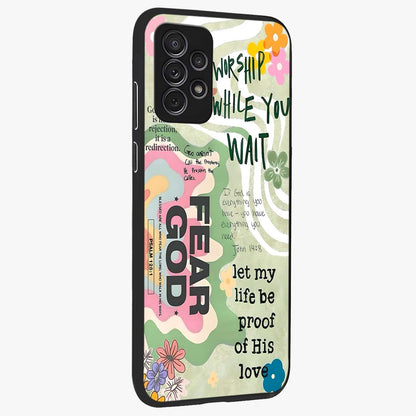 Faith Over Fear Glass Case upright view showcasing bold typography artwork with uplifting motivational theme.