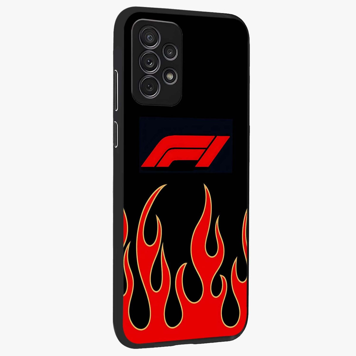 Fire F11 Glass Case upright view showcasing dynamic flame artwork with intense visual theme.