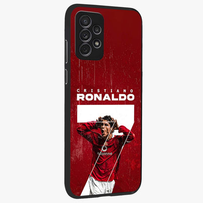 Goal Celebration Legacy Glass Case upright view showcasing dynamic football inspired artwork with victory celebration aesthetic.