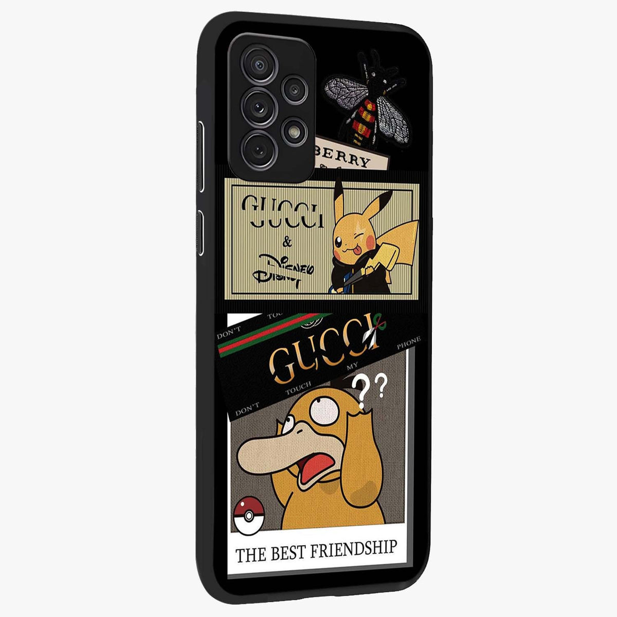 Gucci Play Mashup Glass Case upright view showcasing trendy luxury inspired artwork with modern fashion theme.
