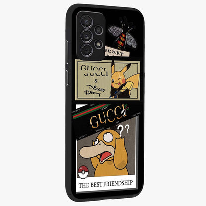Gucci Play Mashup Glass Case upright view showcasing trendy luxury inspired artwork with modern fashion theme.
