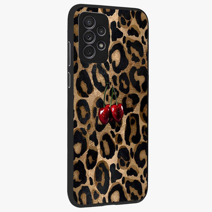 Leopard Wild Cherry Glass Case upright view showcasing stylish leopard pattern artwork with trendy fashion theme.