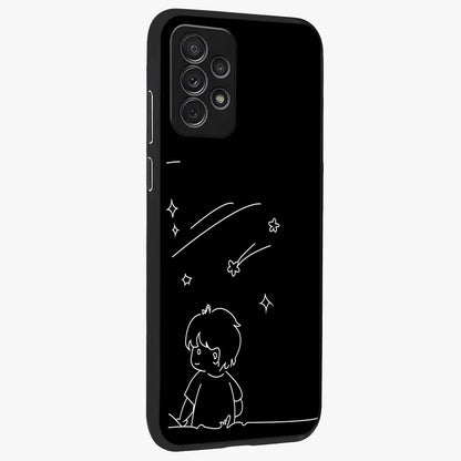 Line Art Boy With Shooting Stars Glass Case upright view showcasing artistic shooting star illustration with minimal style.
