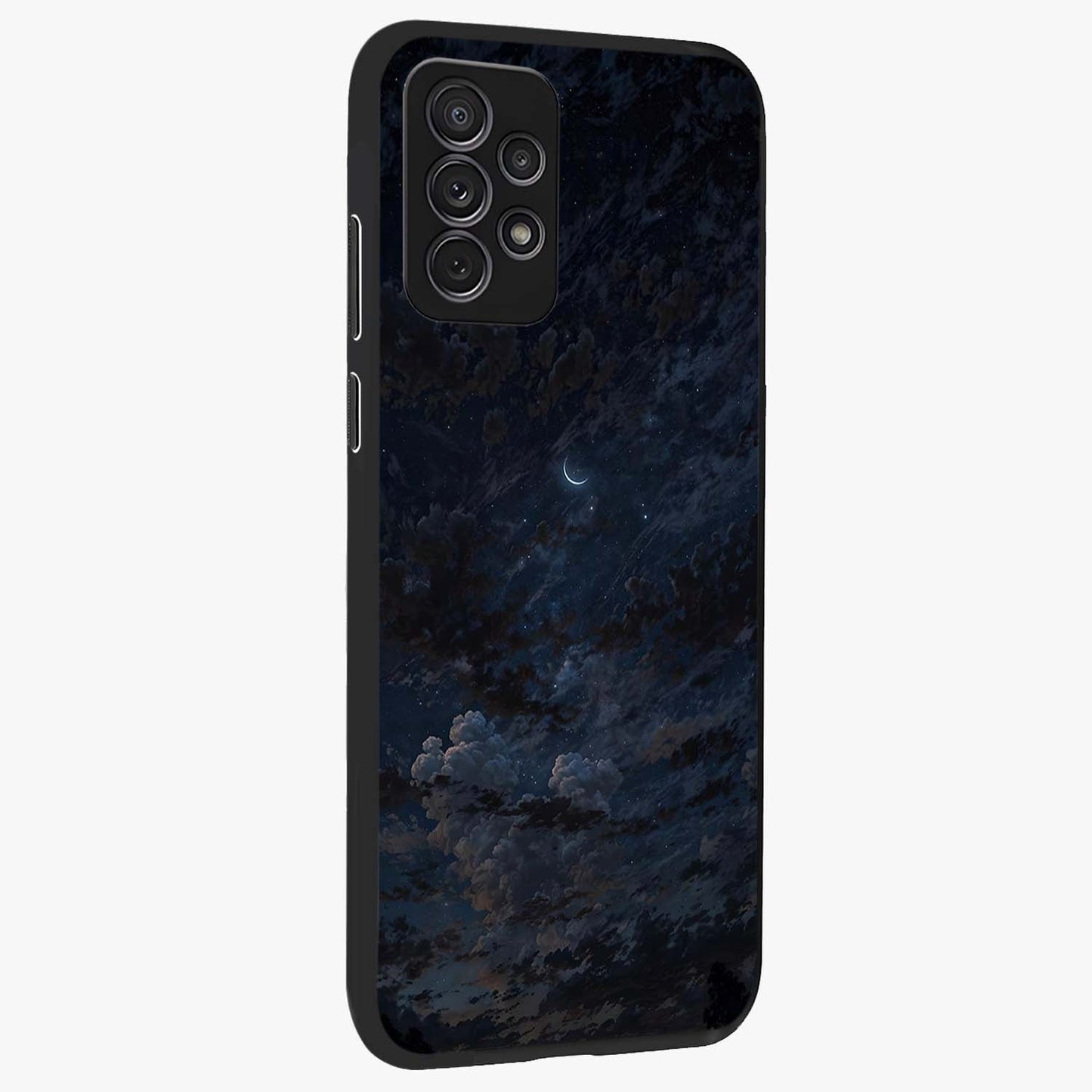 Lunar Veil Silence Glass Case upright view showcasing calm moon themed artwork with serene night atmosphere.