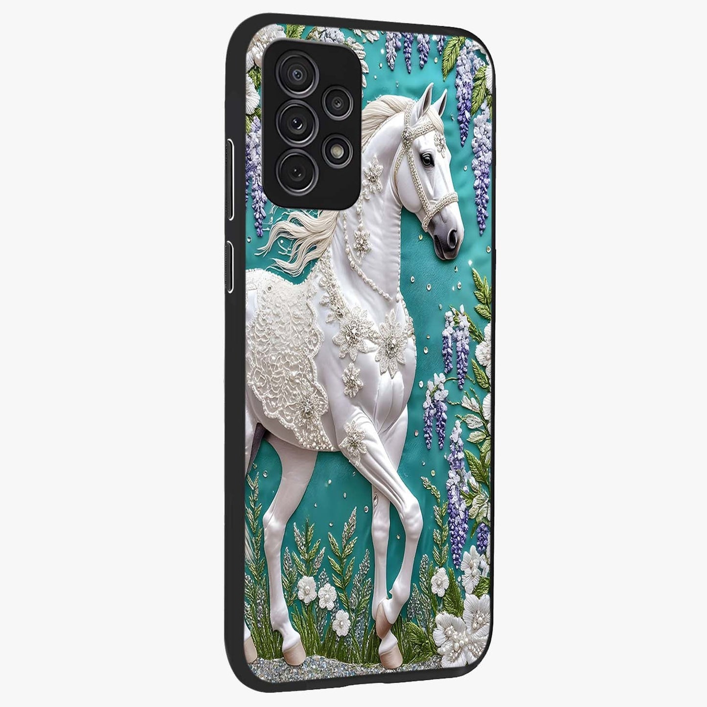 Majestic Floral Stallion Glass Case upright view showcasing dramatic horse artwork with decorative floral theme.