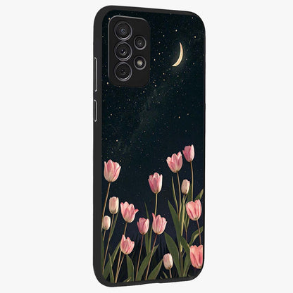 Midnight Tulip Whispers Vibe Glass Case upright view showcasing graceful tulip artwork with calm botanical theme.