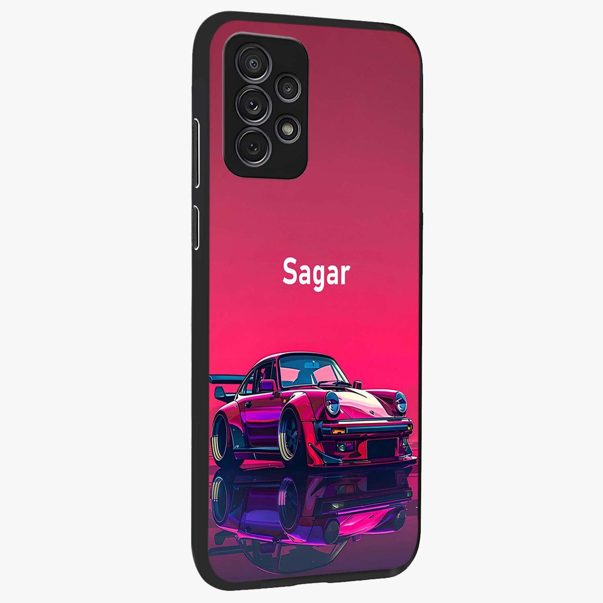 Neon Pink Porsche Glass Case upright view showcasing vibrant sports car artwork with bold automotive theme.