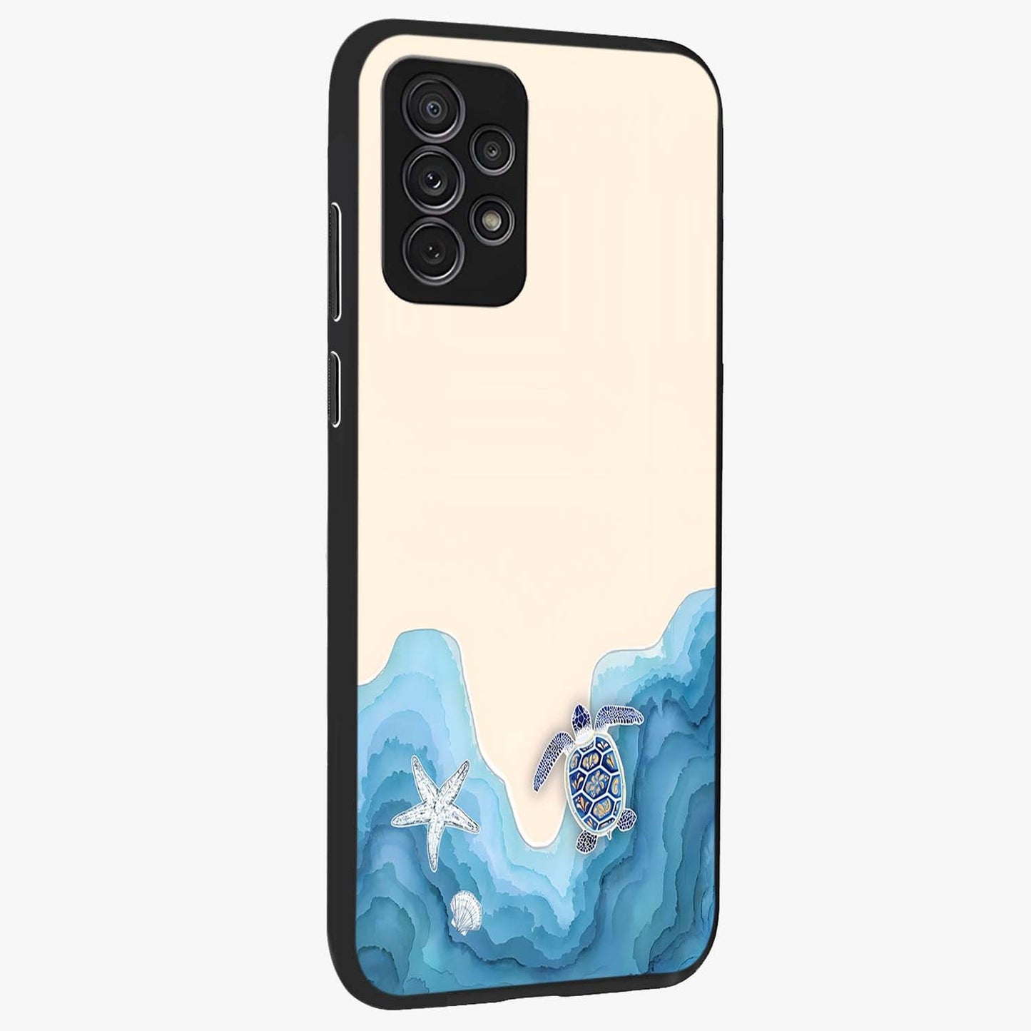 Ocean Drift Turtle Glass Case upright view showcasing calm underwater turtle artwork with nature inspired theme.