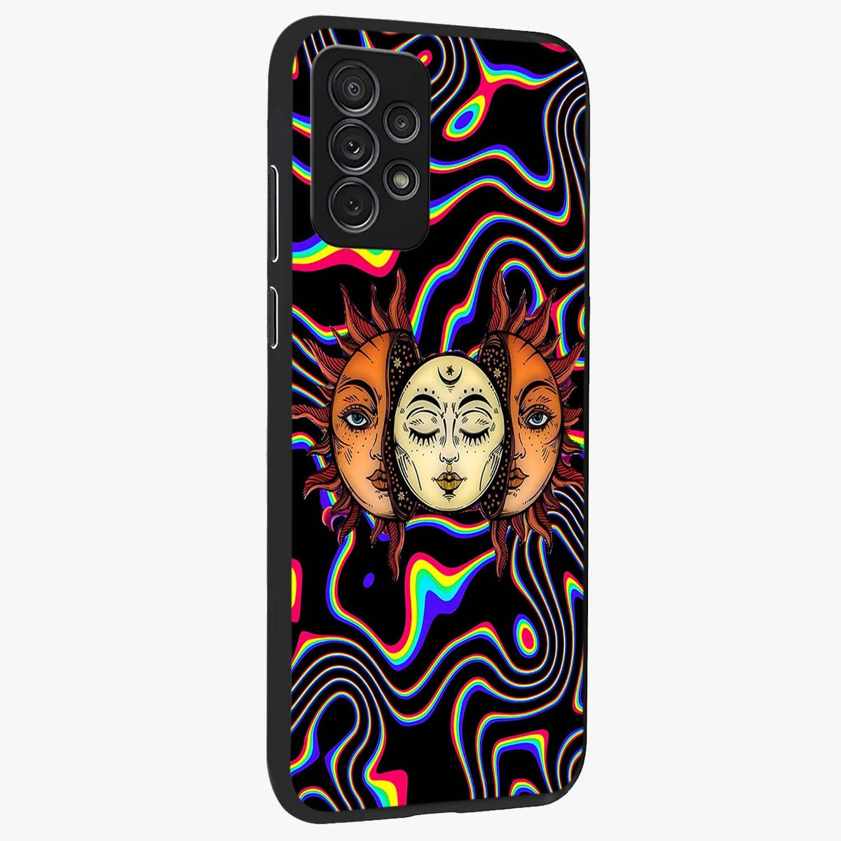 Psychedelic Sun Glass Case upright view showcasing trippy sun artwork with bold psychedelic theme.