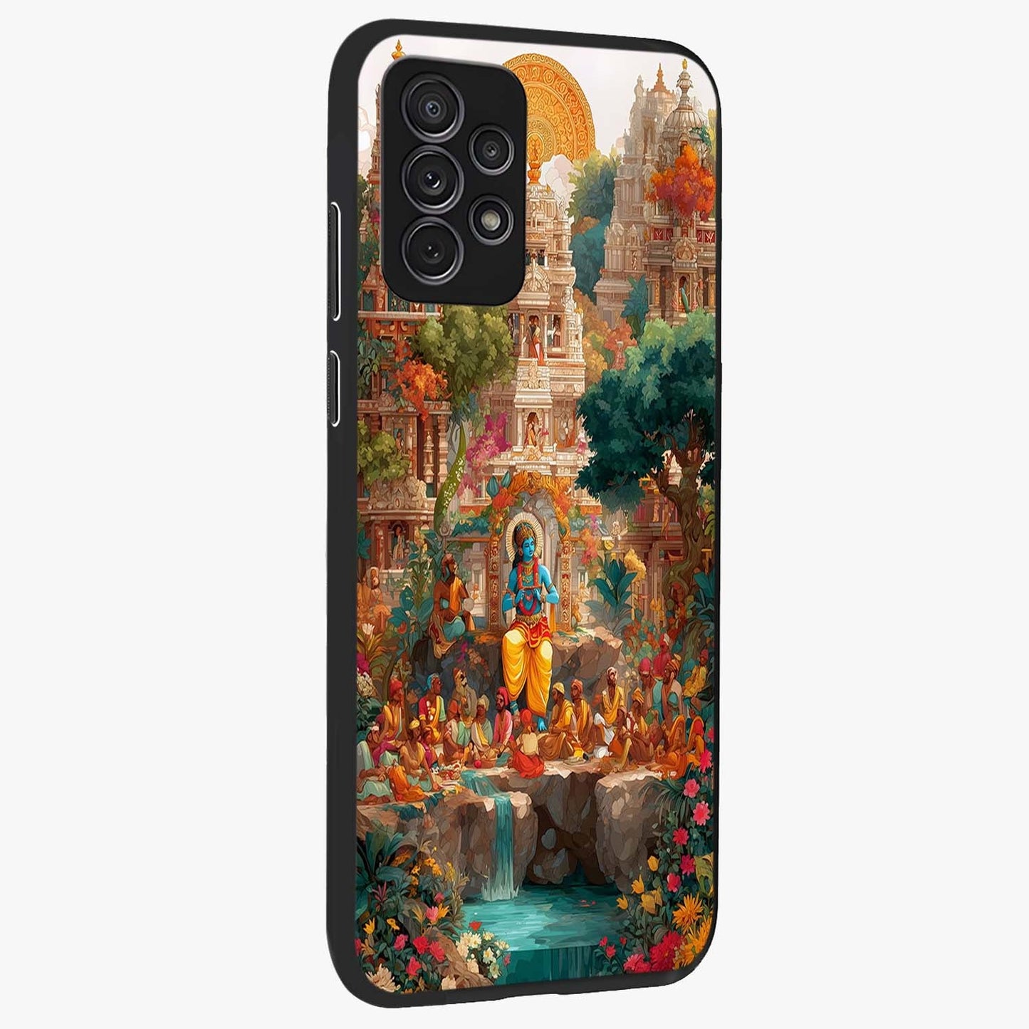 Sacred Sunlight Gods Glass Case upright view showcasing glowing divine artwork with sacred mythological theme.
