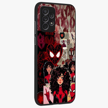 Spider Love Story Glass Case upright view showcasing charming superhero artwork with romantic comic theme.
