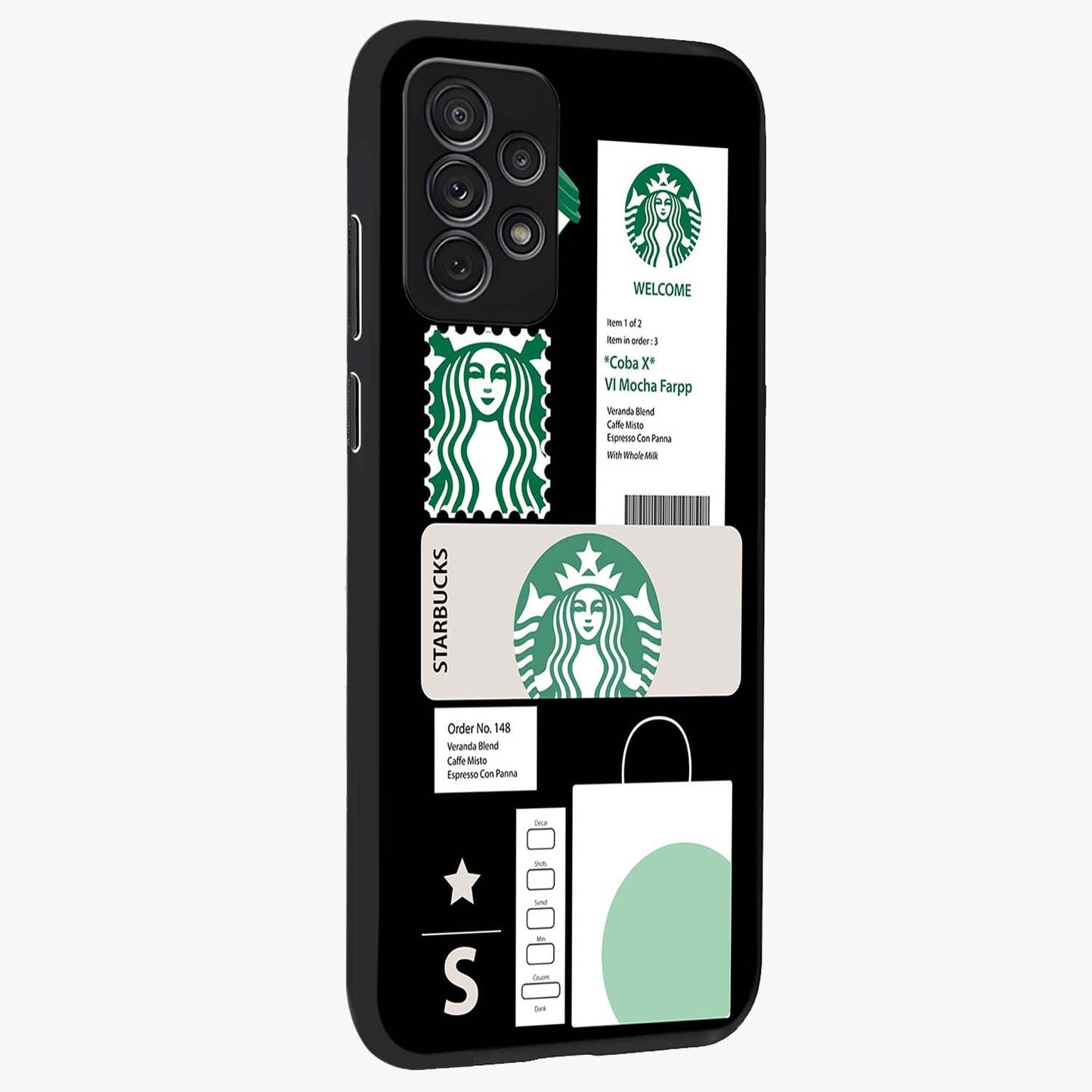 Starbucks Mocha Glass Case upright view showcasing trendy coffee inspired artwork with modern lifestyle theme.