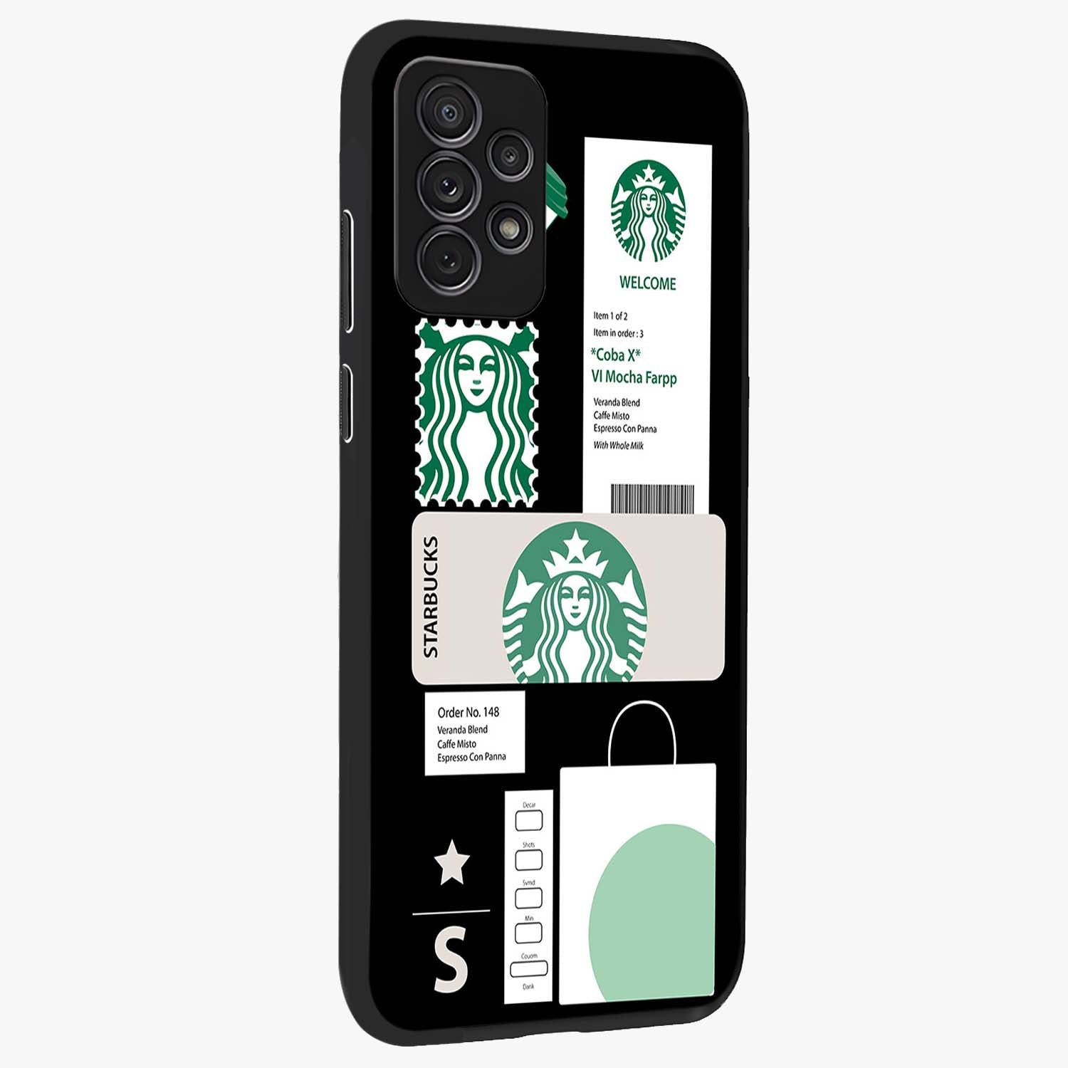 Starbucks Mocha Glass Case upright view showcasing trendy coffee inspired artwork with modern lifestyle theme.
