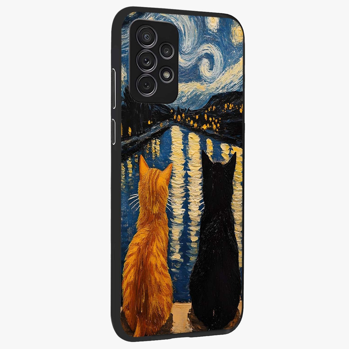Starry River Cats Glass Case upright view showcasing adorable cat artwork with magical river and stars theme.
