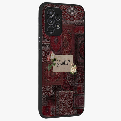 Velvet Wine Pattern Custom Name Glass Case upright view showcasing luxurious wine toned artwork with personalized aesthetic.