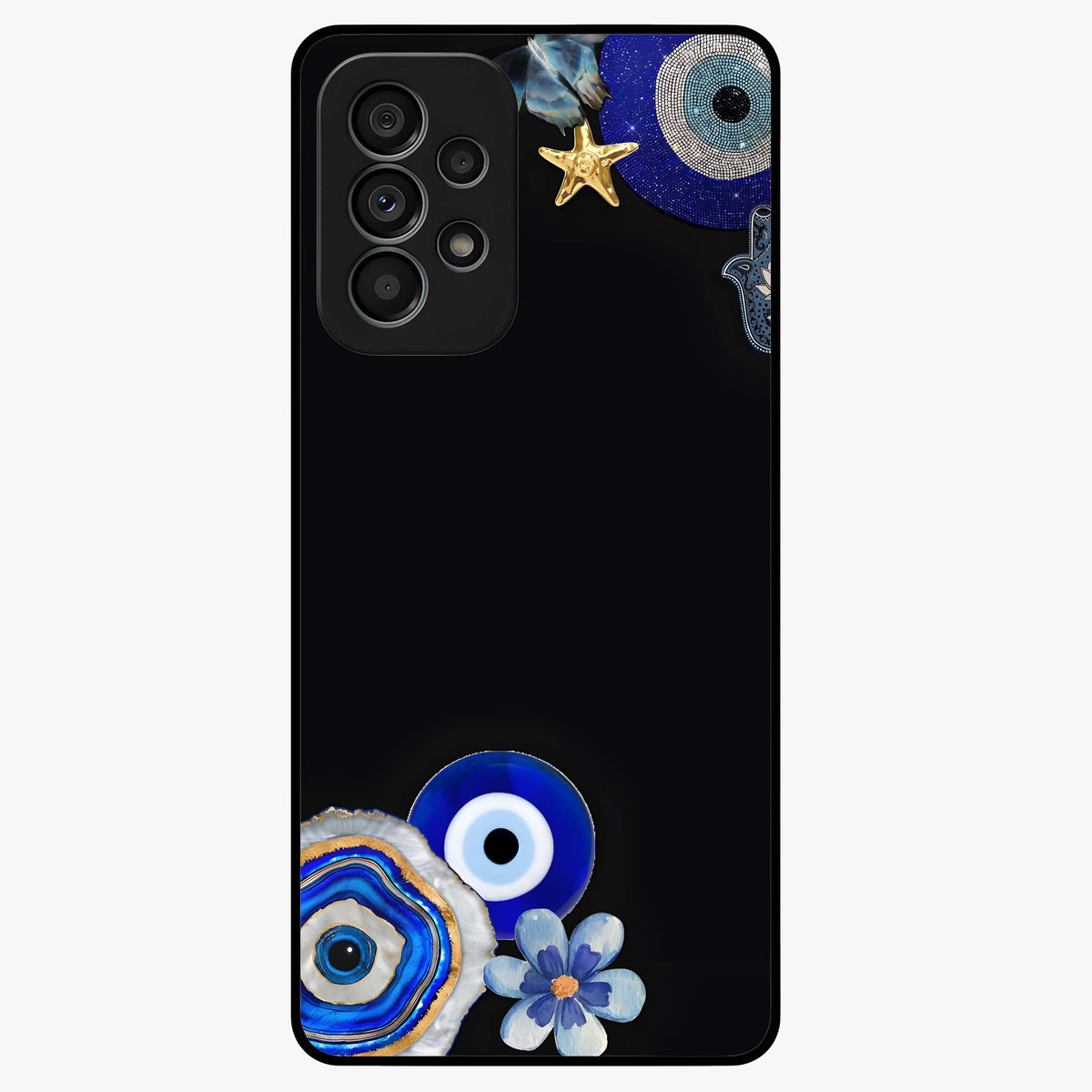 Aesthetic Blue Evil Eye Glass Case showing flat back view with protective evil eye artwork and glossy glass finish.