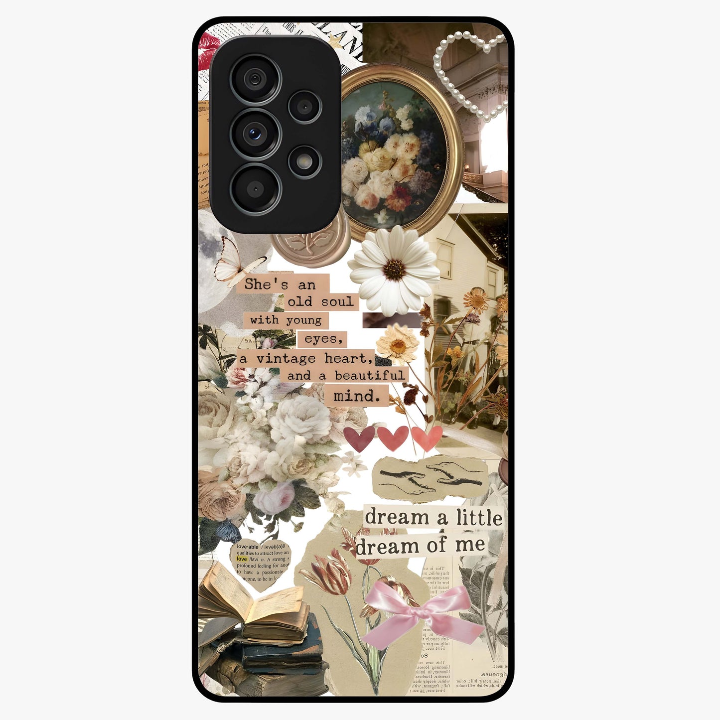 Aesthetic Brown Vintage Collage Glass Case showing flat back view with retro collage artwork and glossy glass finish.