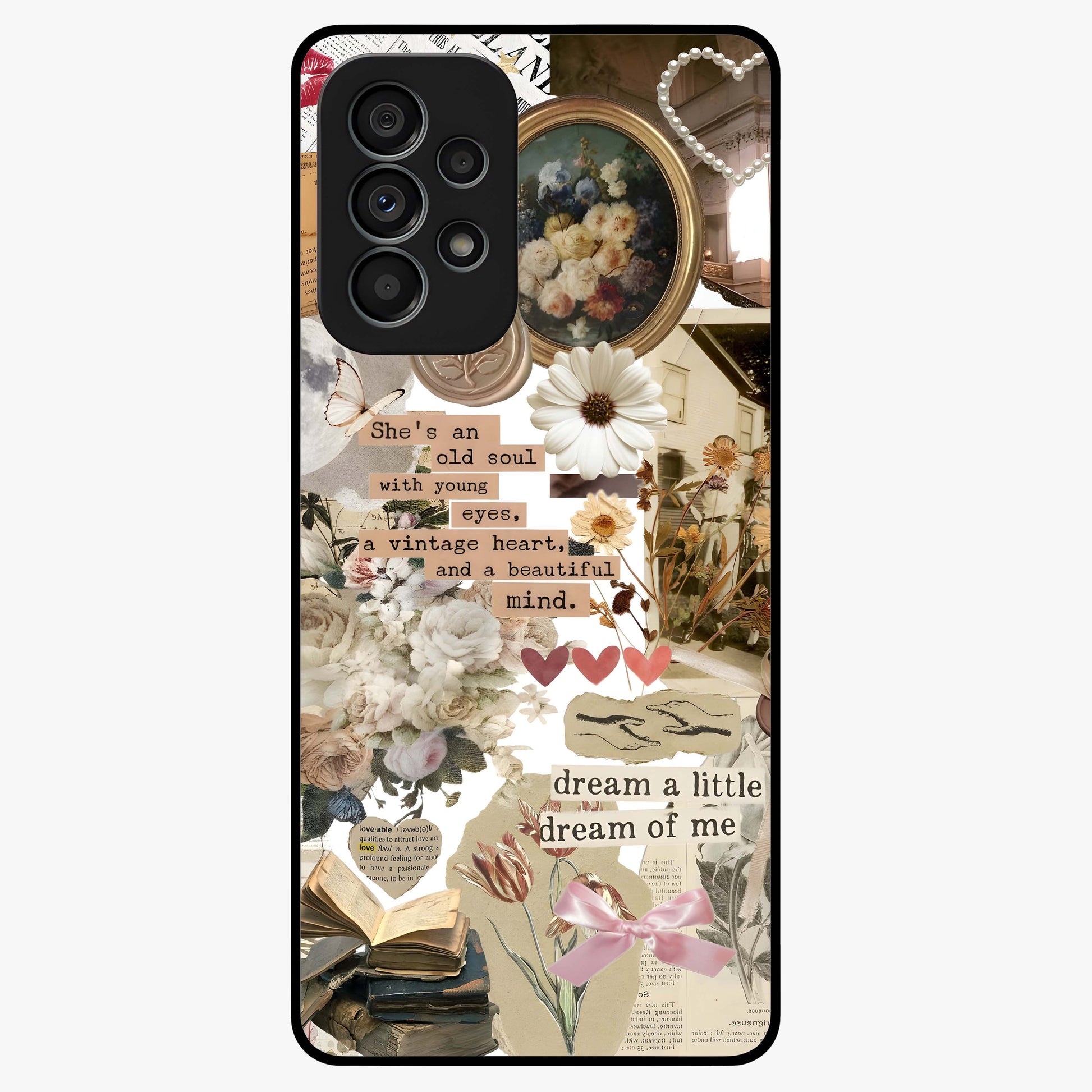 Aesthetic Brown Vintage Collage Glass Case showing flat back view with retro collage artwork and glossy glass finish.