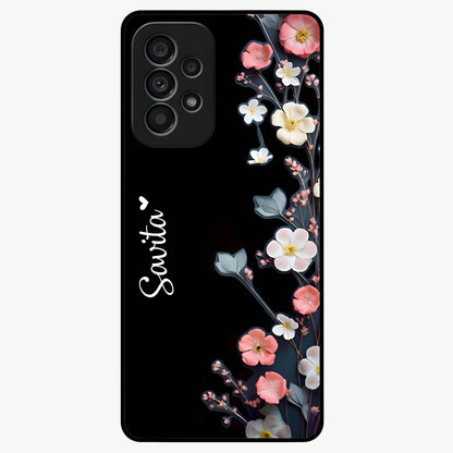 Black Elegance Floral Custom Name Glass Case showing flat back view with elegant floral artwork and personalized name design.