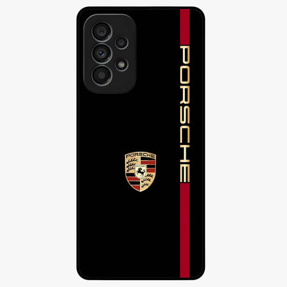 Black Minimal Porsche Glass Case showing flat back view with sleek minimal sports car artwork and glossy glass finish.