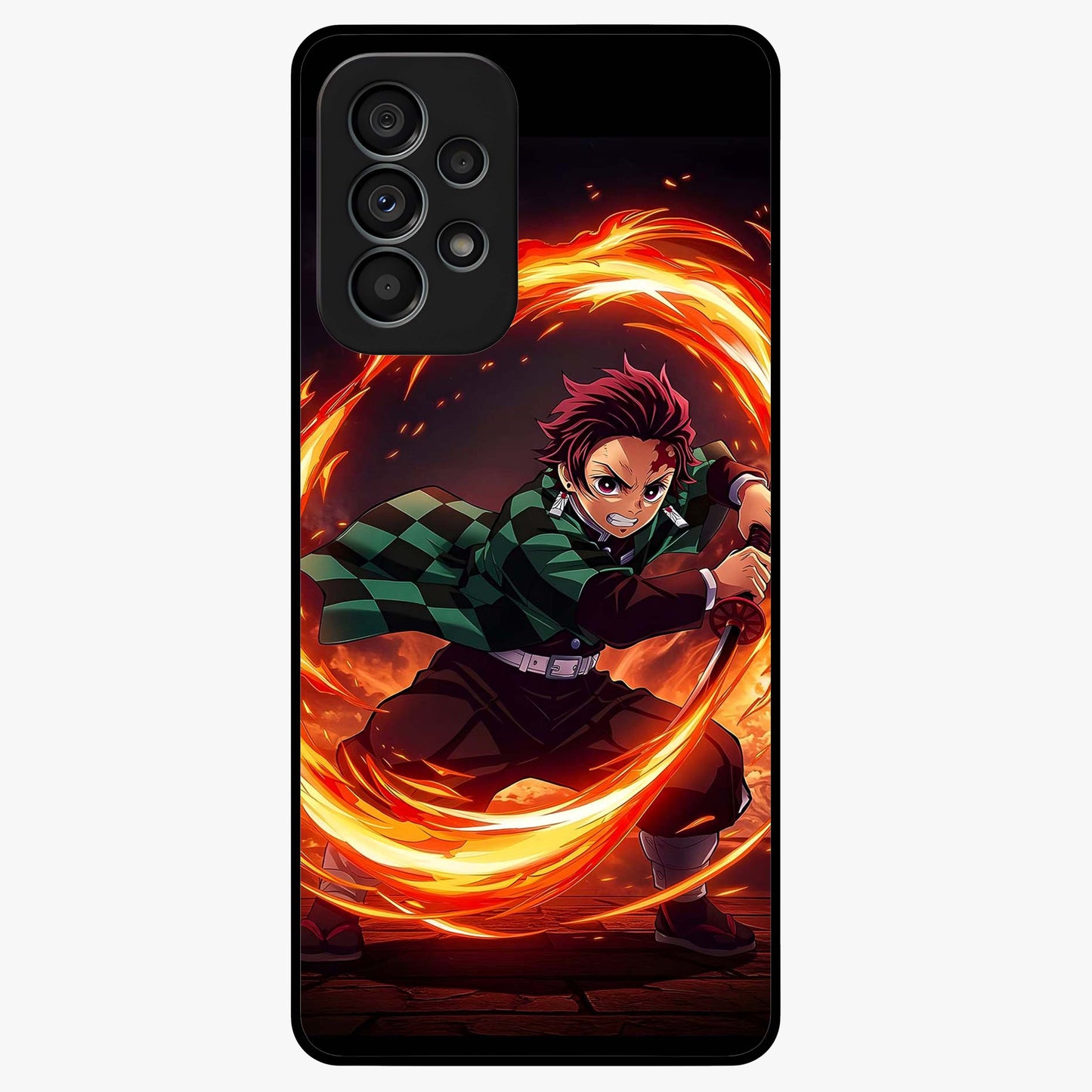 Blazing Sword Resolve Glass Case showing flat back view with fiery sword artwork and glossy glass finish.