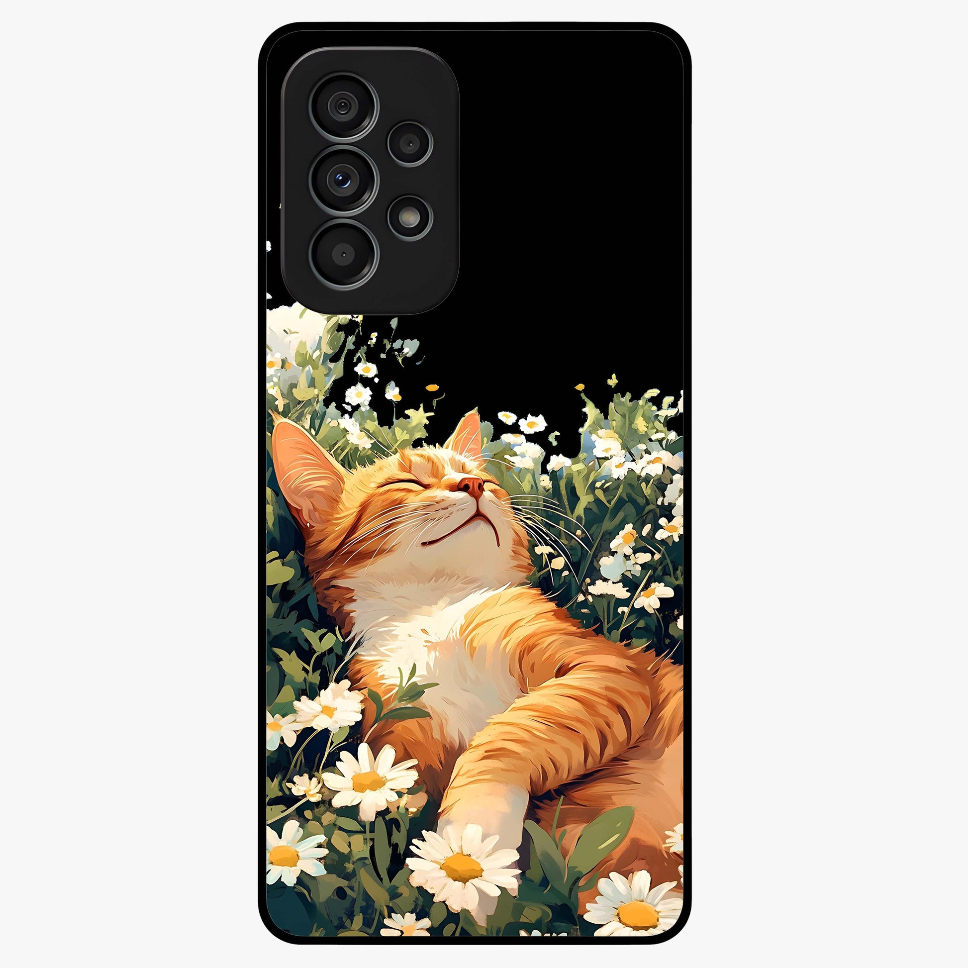 Blissful Bloom Cat Glass Case showing flat back view with cute cat and floral bloom artwork and glossy glass finish.